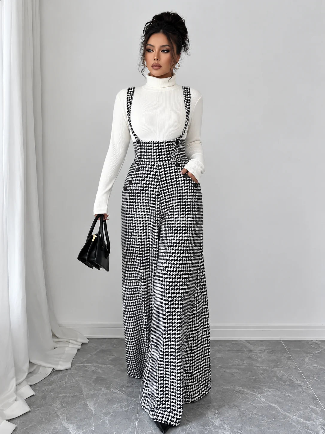 Women's Vintage Houndstooth Wide-Leg Suspender Jumpsuit