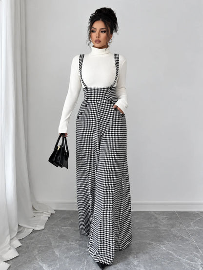 Women's Vintage Houndstooth Wide-Leg Suspender Jumpsuit