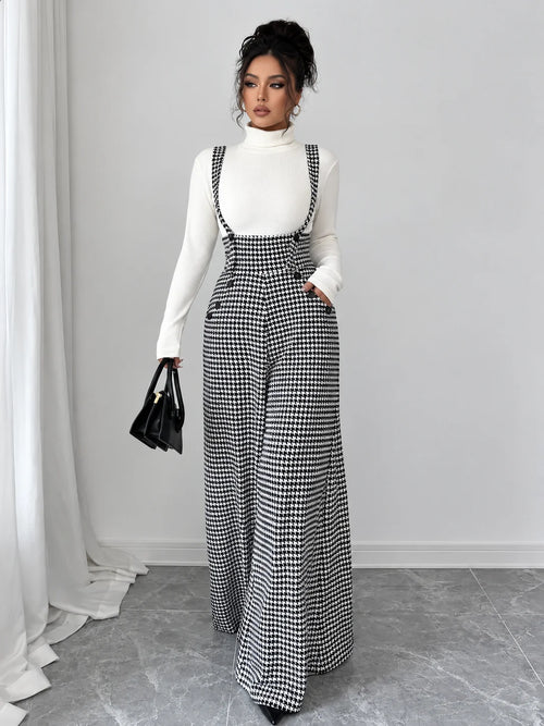 Women's Vintage Houndstooth Wide-Leg Suspender Jumpsuit