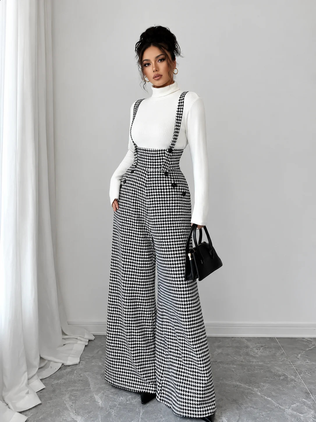 Women's Vintage Houndstooth Wide-Leg Suspender Jumpsuit