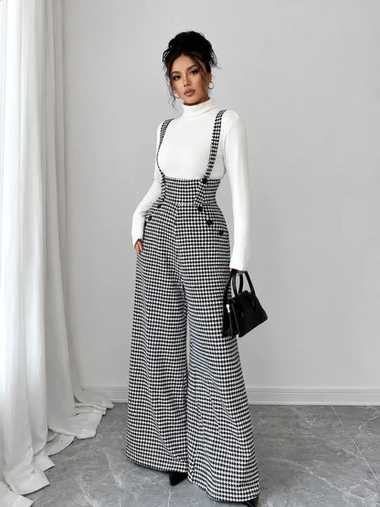 Women's Vintage Houndstooth Wide-Leg Suspender Jumpsuit