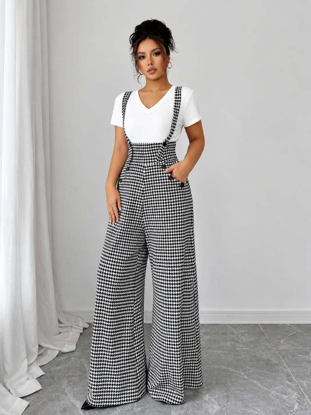 Women's Vintage Houndstooth Wide-Leg Suspender Jumpsuit