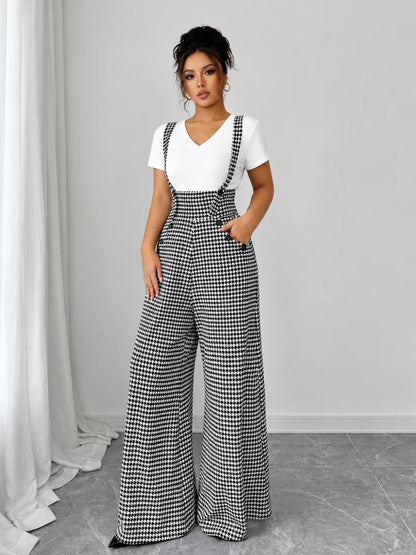 Women's Vintage Houndstooth Wide-Leg Suspender Jumpsuit