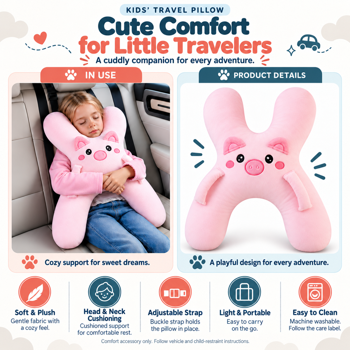 ✈️ Kids’ Travel Pillow – Cozy Comfort on the Go 🧸