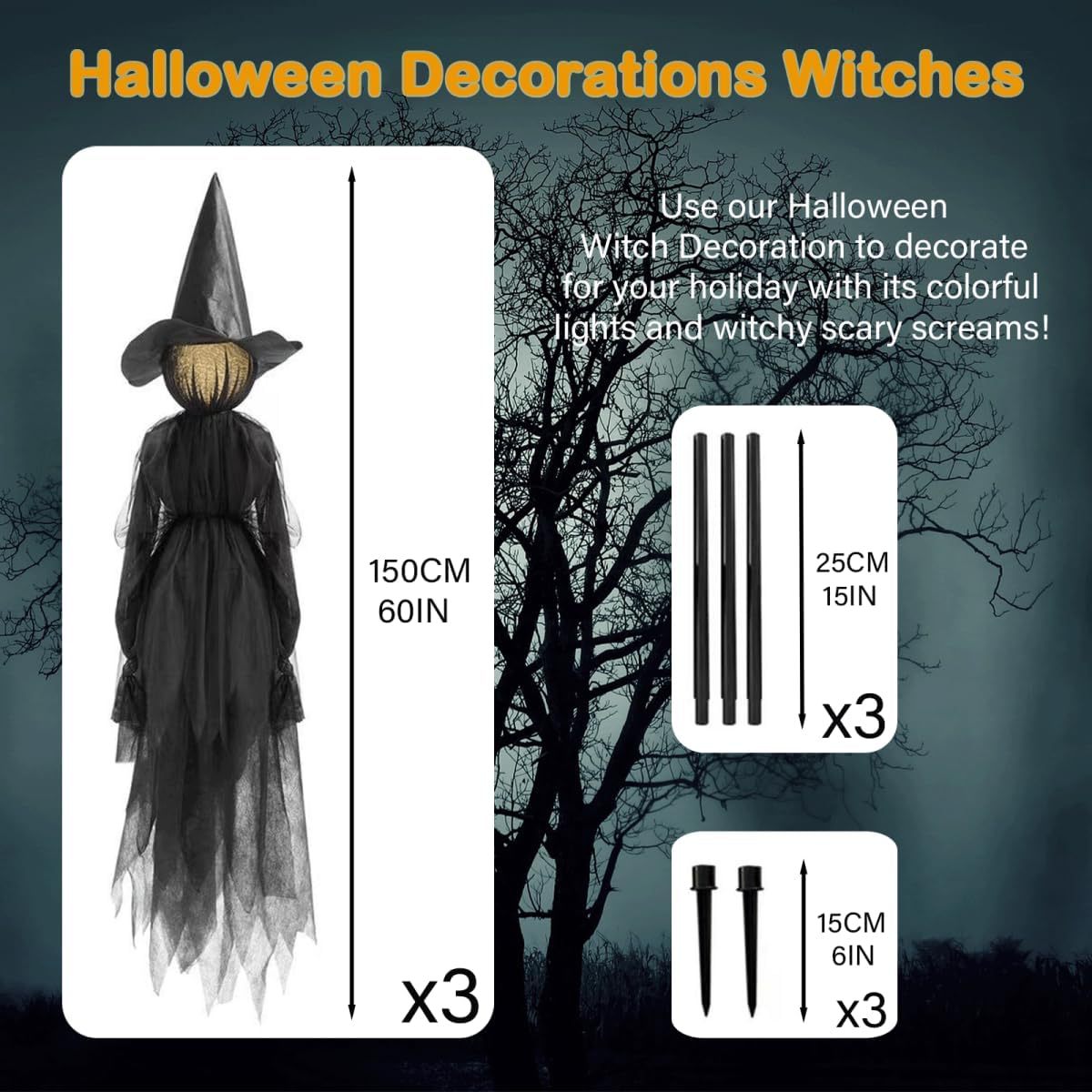 🧙 3-Pack Sound-Activated Light-Up Witches – Spooky Sounds & Holding Hands Halloween Yard Decor 🎃
