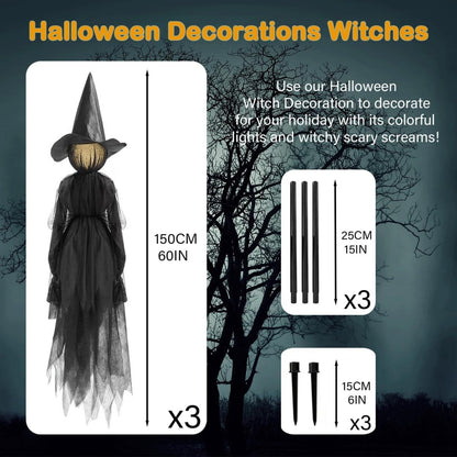 🧙 3-Pack Sound-Activated Light-Up Witches – Spooky Sounds & Holding Hands Halloween Yard Decor 🎃