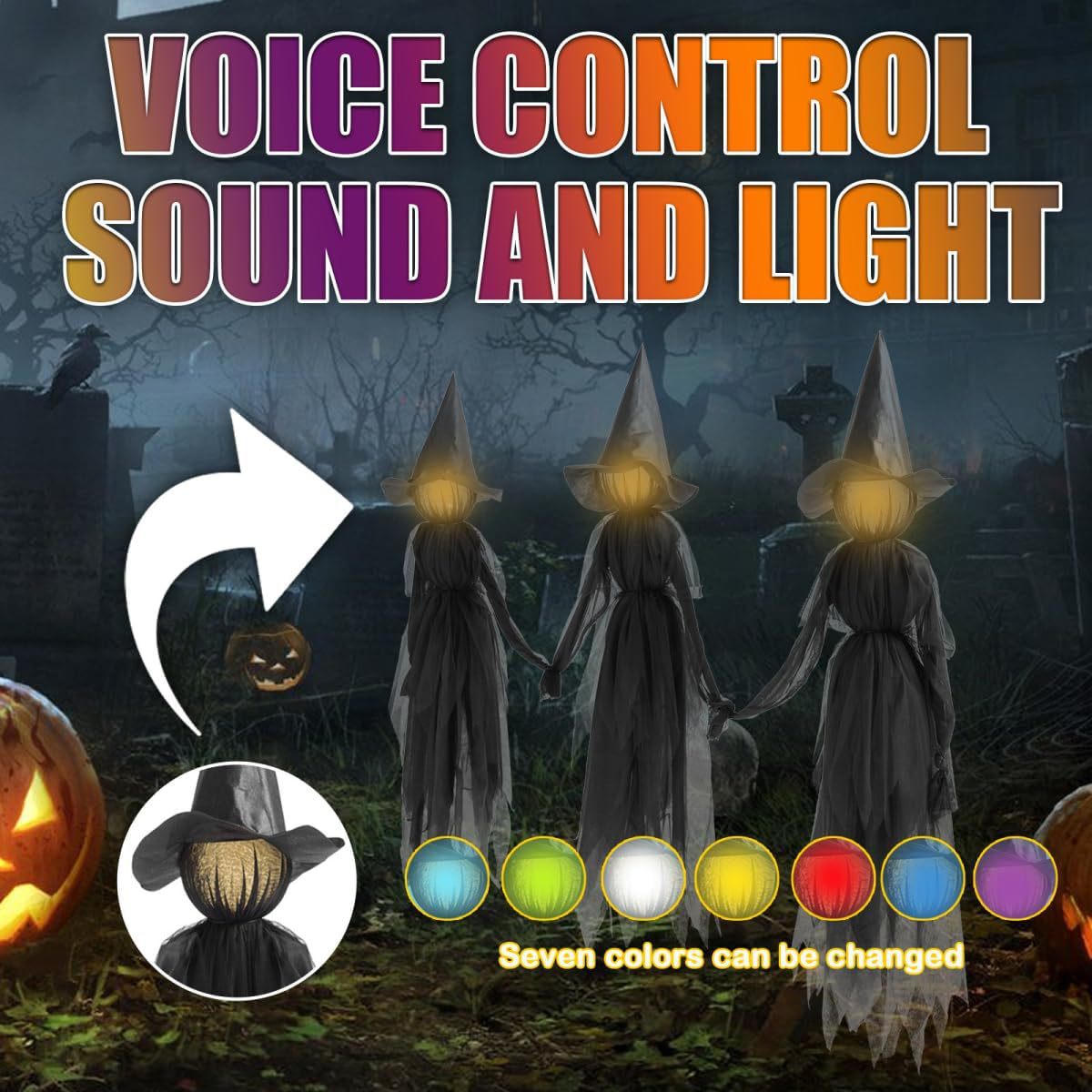🧙 3-Pack Sound-Activated Light-Up Witches – Spooky Sounds & Holding Hands Halloween Yard Decor 🎃