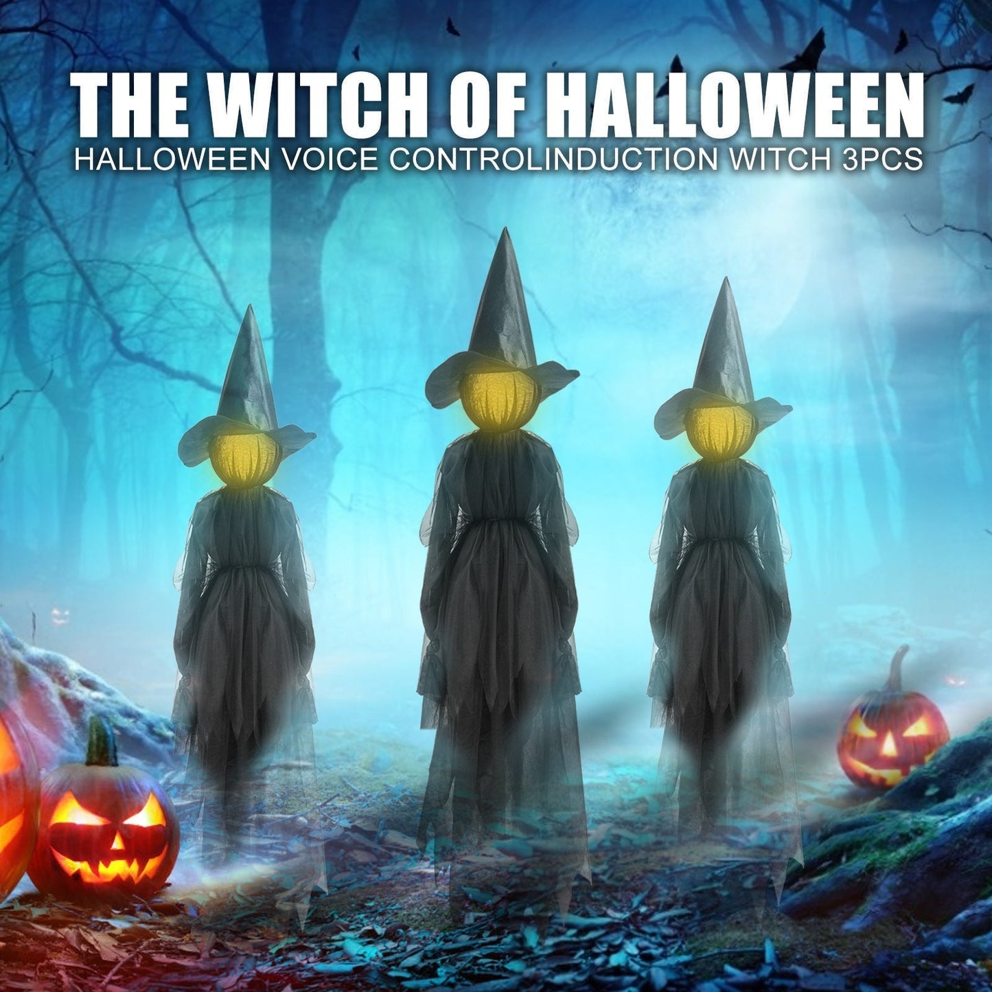 🧙 3-Pack Sound-Activated Light-Up Witches – Spooky Sounds & Holding Hands Halloween Yard Decor 🎃