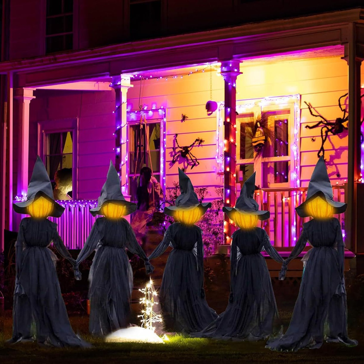🧙 3-Pack Sound-Activated Light-Up Witches – Spooky Sounds & Holding Hands Halloween Yard Decor 🎃