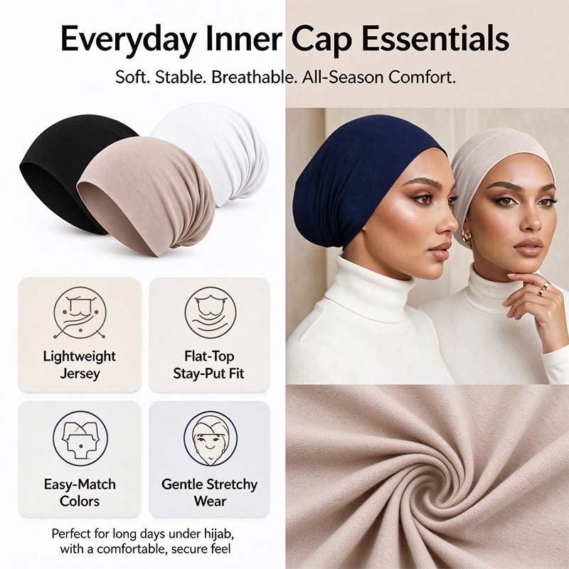 3-Pack Women's Solid Jersey Hijab Flat Top Cap, Lightweight Breathable Muslim Inner Headscarf 🧕✨