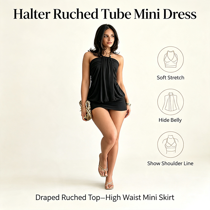 Y2K Halter Dress for Women, Ruched Neckline Sleeveless Waist Cinch Slimming Bodycon Short Dress💃