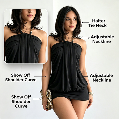 Y2K Halter Dress for Women, Ruched Neckline Sleeveless Waist Cinch Slimming Bodycon Short Dress💃