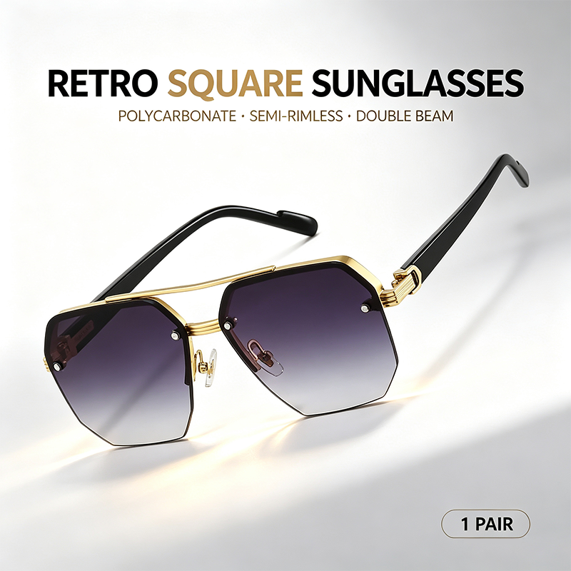 Unisex Retro Square Sunglasses, Polycarbonate Semi-Rimless Double Beam 🕶️