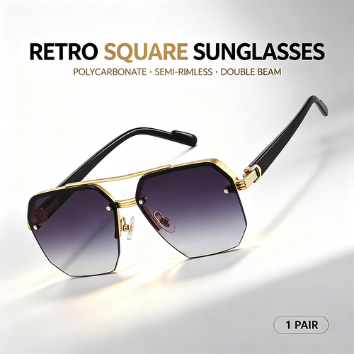Unisex Retro Square Sunglasses, Polycarbonate Semi-Rimless Double Beam 🕶️
