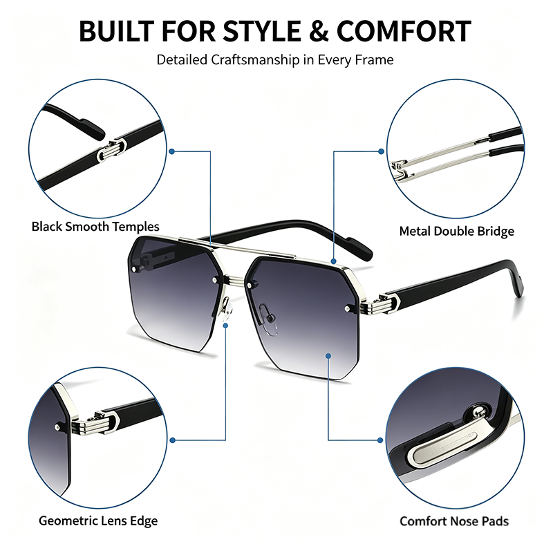 Unisex Retro Square Sunglasses, Polycarbonate Semi-Rimless Double Beam 🕶️
