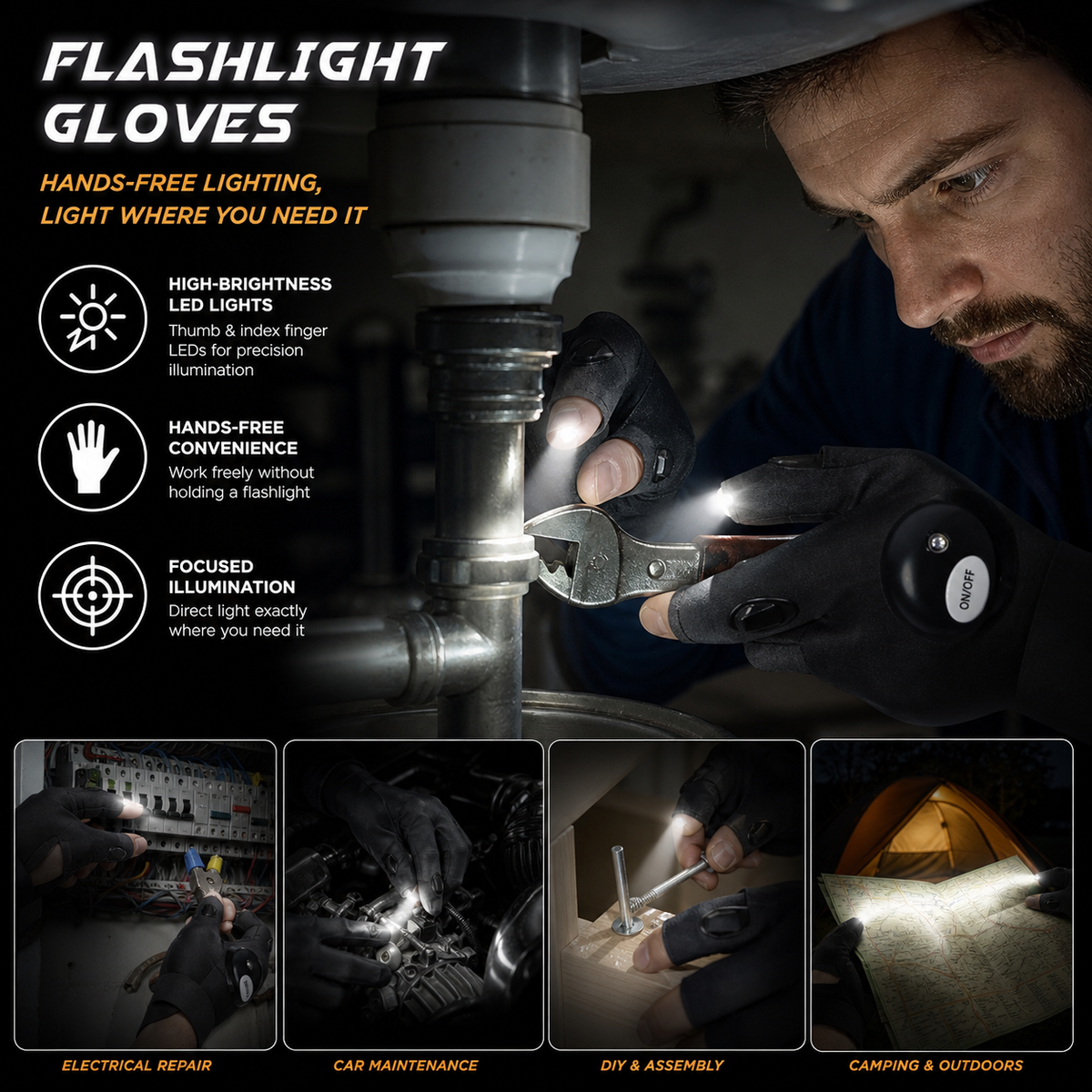 LED Flashlight Gloves – Hands-Free Work Light for Men & Women