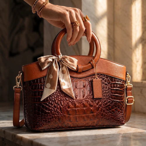 Women Croc Embossed Ring Handle Handbag