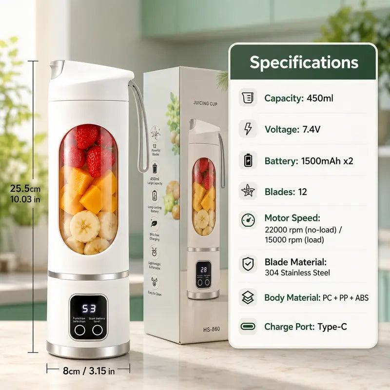 Portable 15.22 Oz USB Rechargeable Personal Blender with LED Display🥤