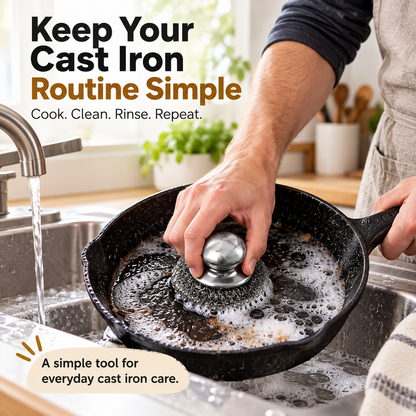 Heavy-Duty Stainless Steel Cast Iron Cleaner with Comfort Grip Knob – Rust-Resistant Wire Scrubber for Stubborn Grease & Pots