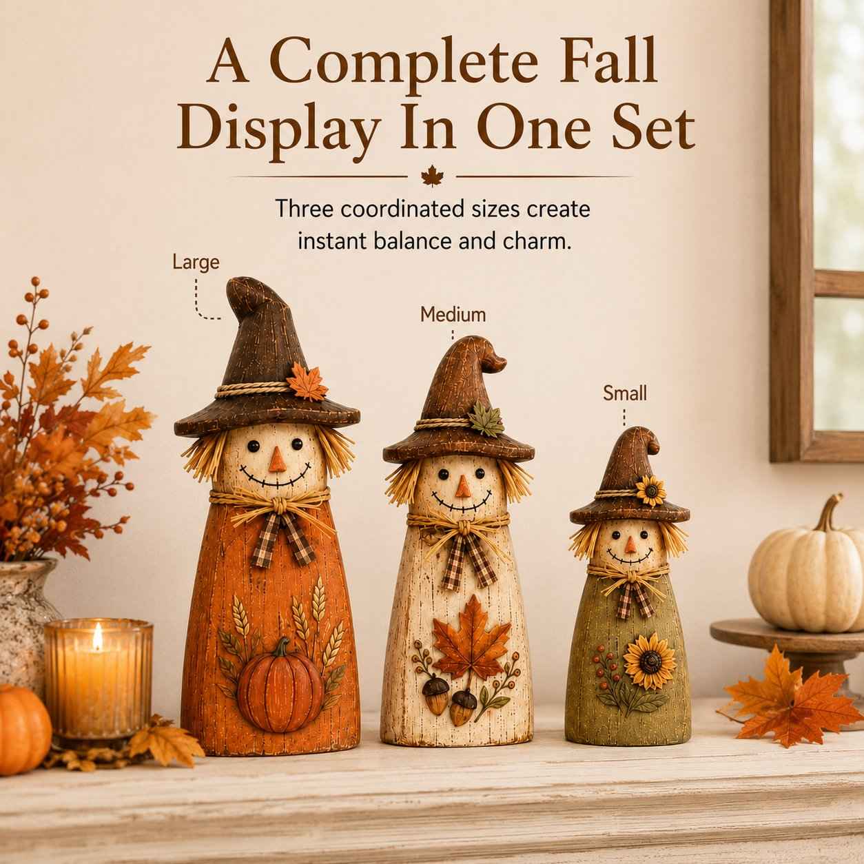 Hand-Carved Vintage Scarecrow Fall Decor Set