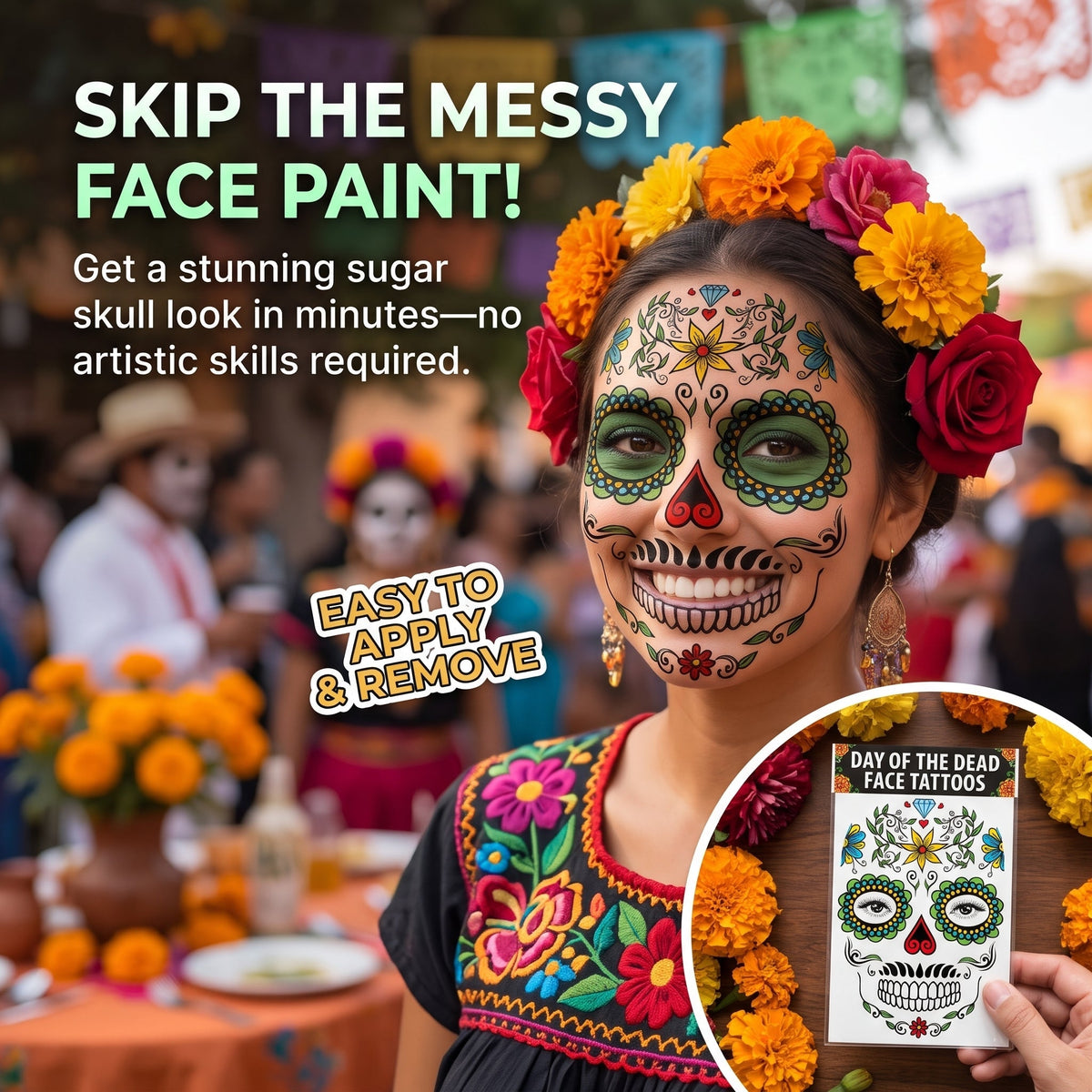 Mexican Dia De Los Muertos Temporary Face Tattoos - Sugar Skull Floral Face Decals 🎭