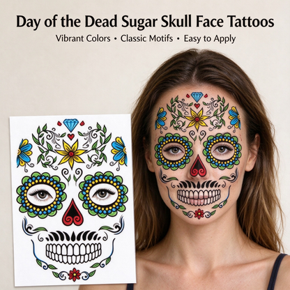Mexican Dia De Los Muertos Temporary Face Tattoos - Sugar Skull Floral Face Decals 🎭
