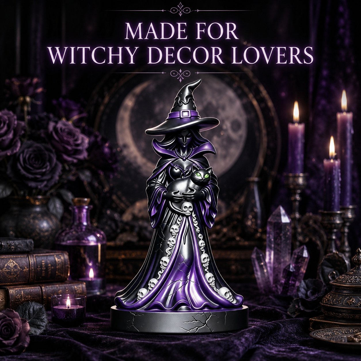 🔥HOT SALES 50% OFF - 🧙‍♀️Midnight Witch &amp; Black Cat Resin Figurine | Gothic Halloween Tabletop Decor &amp; Unique Spooky Gift 🖤