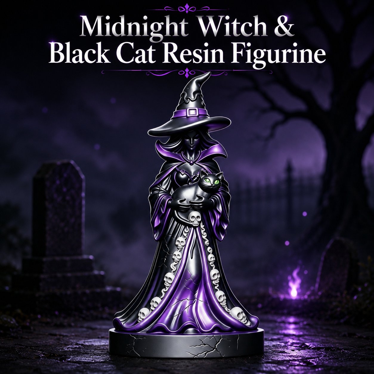 🔥HOT SALES 50% OFF - 🧙‍♀️Midnight Witch &amp; Black Cat Resin Figurine | Gothic Halloween Tabletop Decor &amp; Unique Spooky Gift 🖤