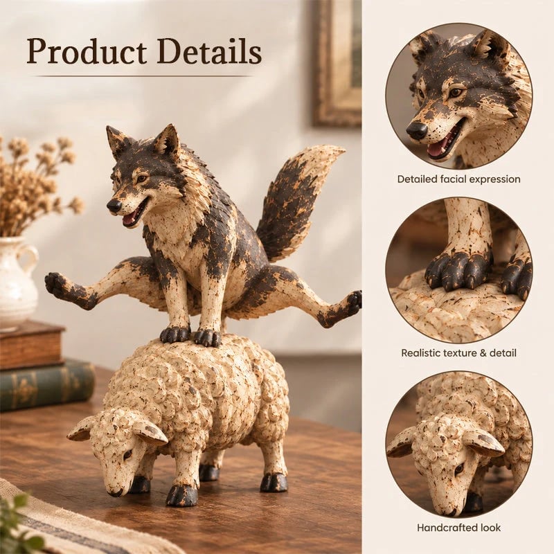 🐺Lustige Figur: Wolf reitet auf einem Schaf🐑 | Rustikale Tierstatue im Landhausstil