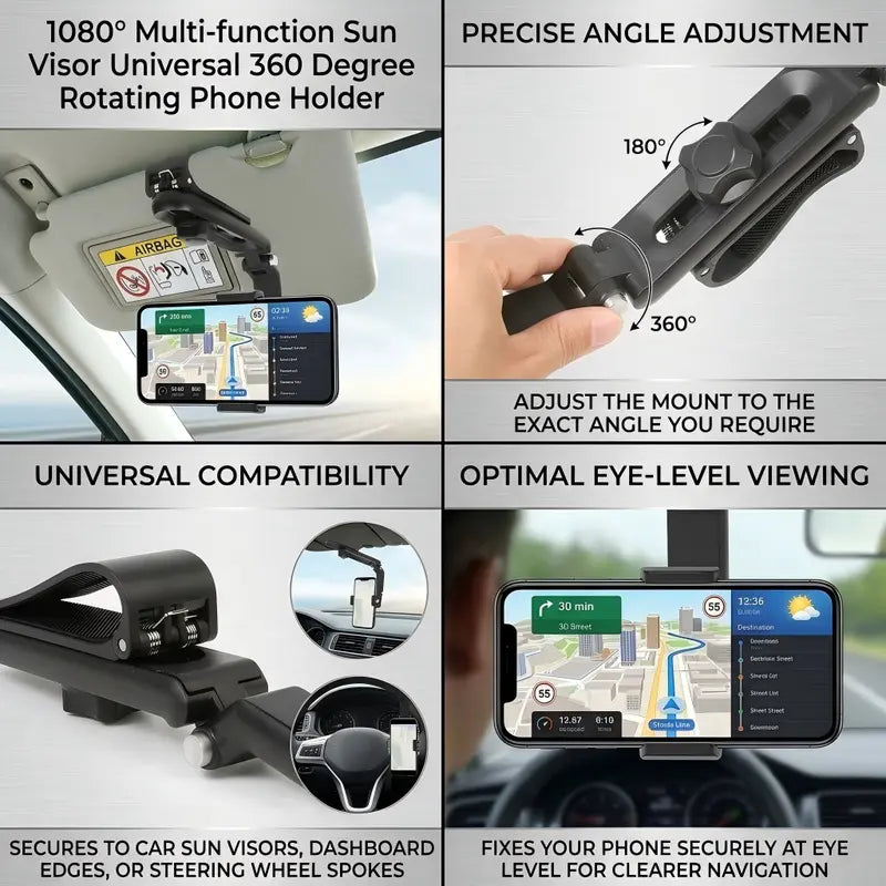 Foldable Car Phone Holder for Sun Visor, Adjustable Arm with 360 Phone Rotation 📱