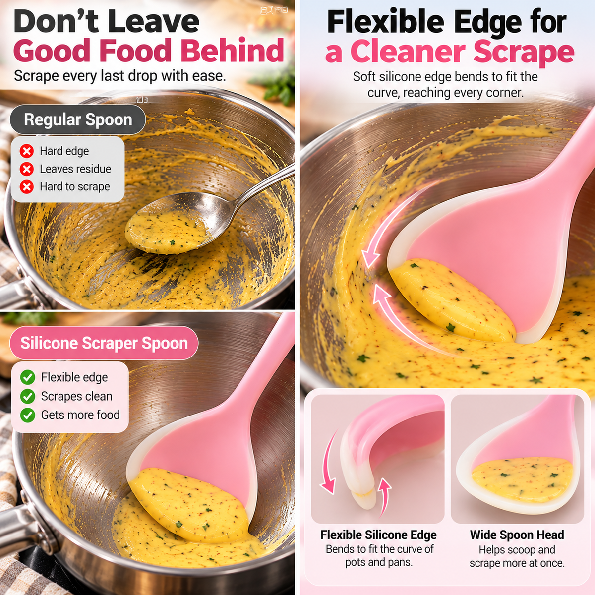 🥄 2-in-1 Silicone Scraper Ladle – Flexible Cooking Spoon for Scooping, Stirring & Scraping Every Last Drop