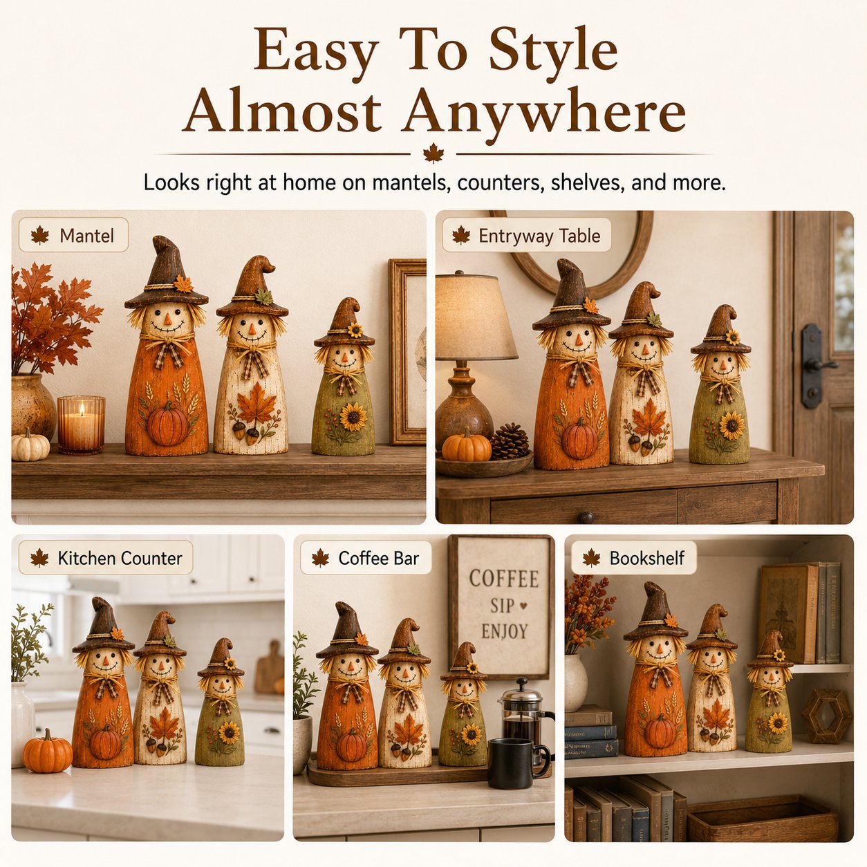 Hand-Carved Vintage Scarecrow Fall Decor Set