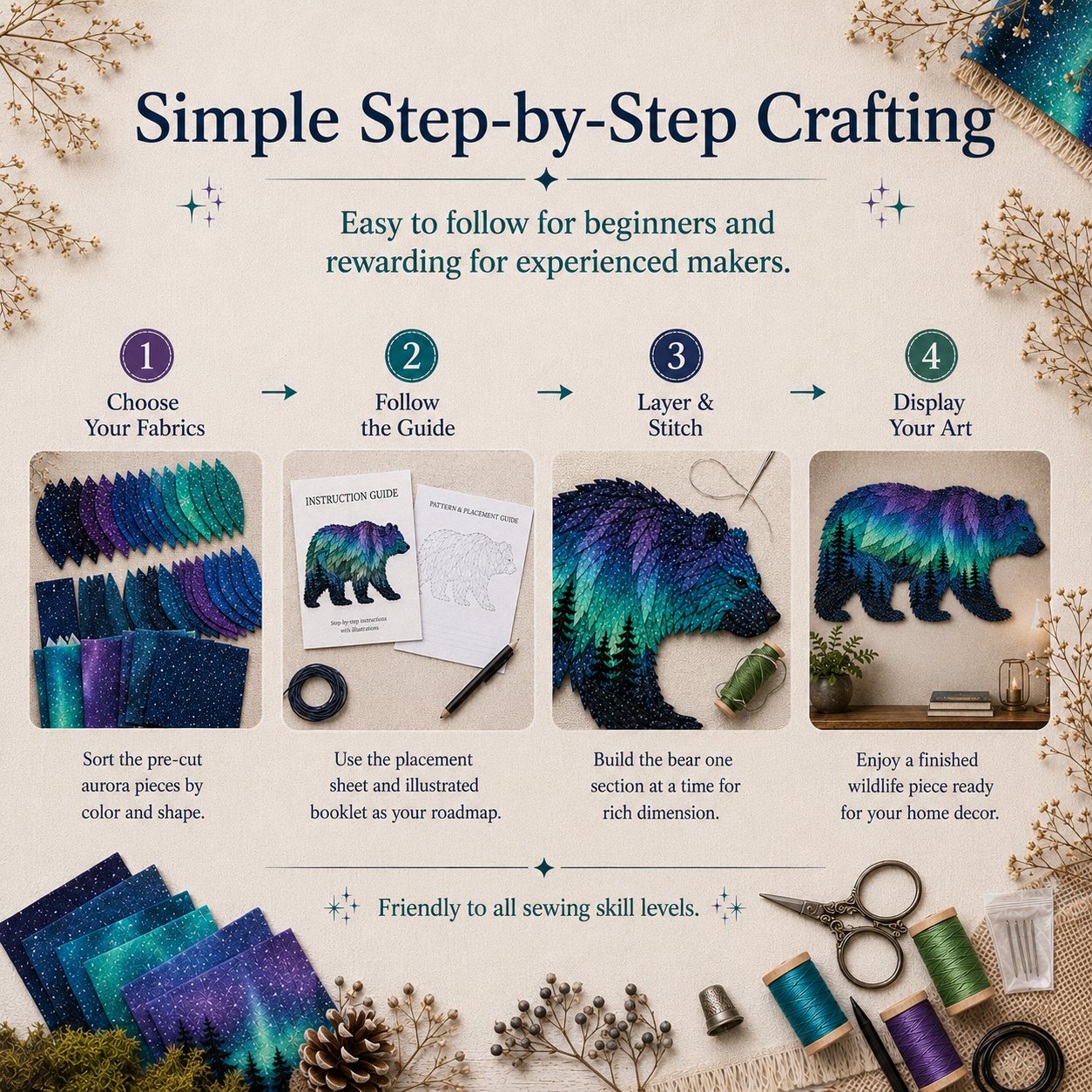 🔥HOT SALES 50% OFF - 🐻Northern Lights Wildlife DIY Patchwork Kit | Aurora Layered Fabric Art, Beginner Sewing Decor & Handmade Nature Gift