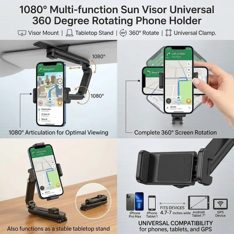 Foldable Car Phone Holder for Sun Visor, Adjustable Arm with 360 Phone Rotation 📱