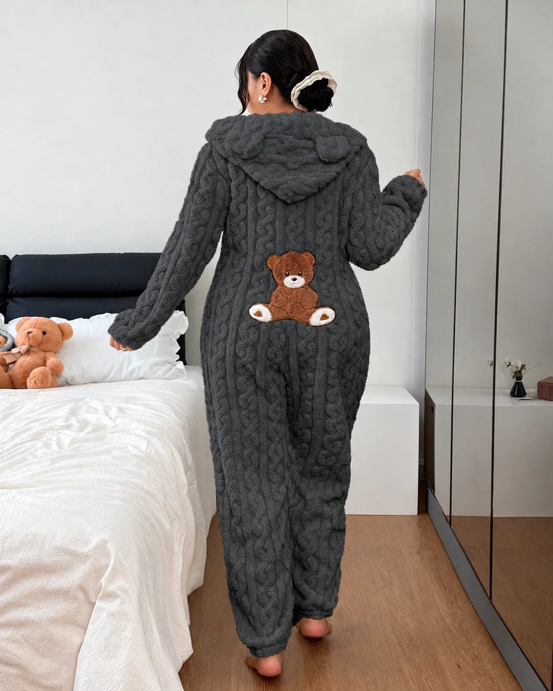 Women's Bear Ear Hooded Fleece Onesie Pajamas