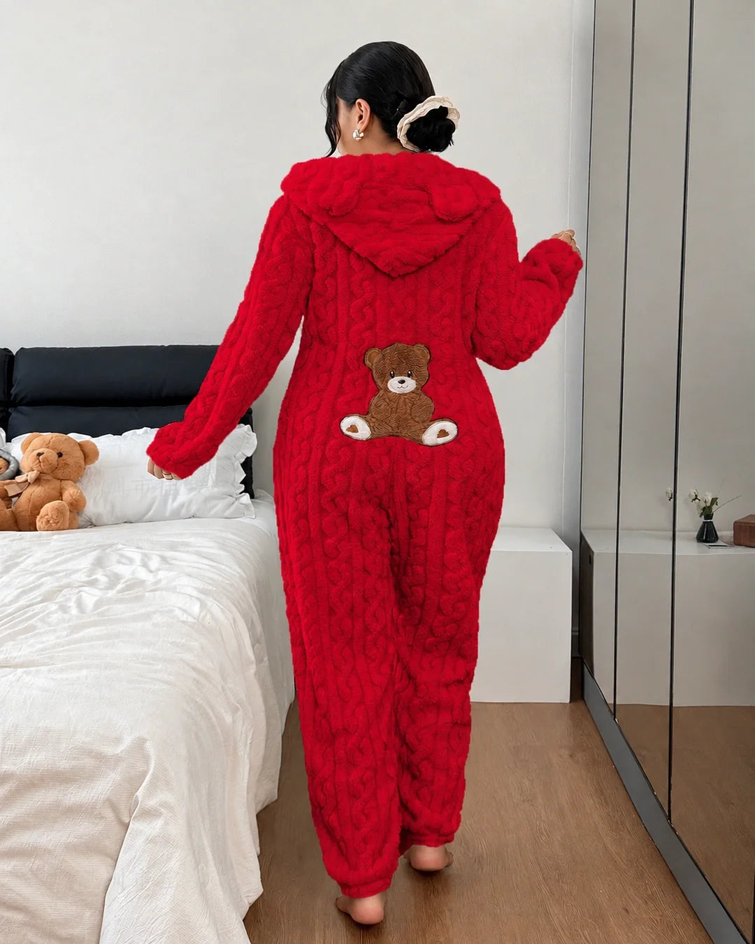 Women's Bear Ear Hooded Fleece Onesie Pajamas