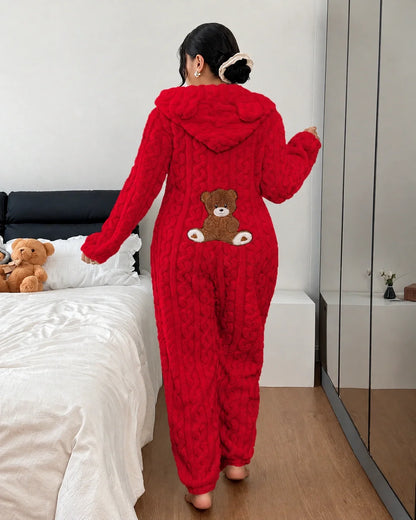 Women's Bear Ear Hooded Fleece Onesie Pajamas