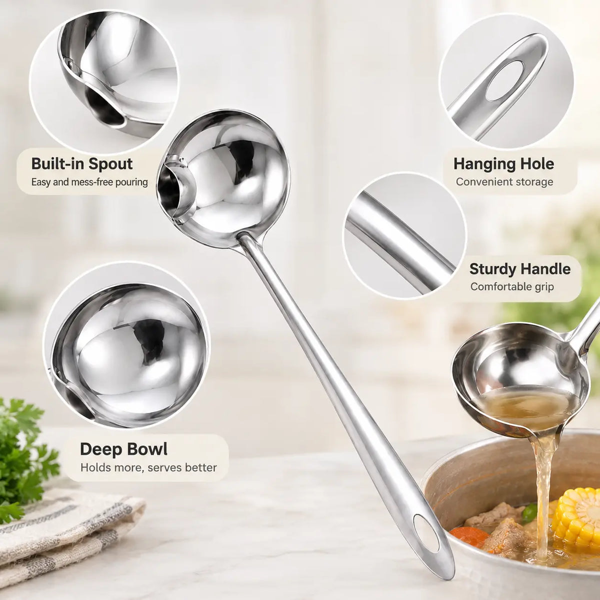 2 Counts Stainless Steel Oil Separator Ladle, Mirror Polished Surface 🥄
