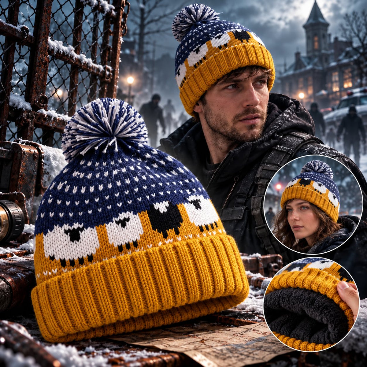 Movie-Inspired Sheep pattern Knit Beanie Hat with Pom Pom