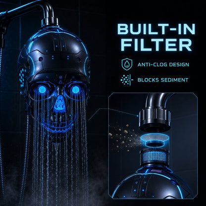 🚿👾Cyber Mecha Skull Color Changing LED Pressure Boost Shower Head
