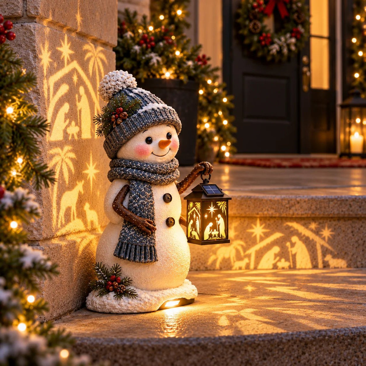 ⛄️🎄Snowman Nativity Glow™ – Solarbetriebene Weihnachts-Stufenleuchte mit Projektion der Heiligen Familie🌙