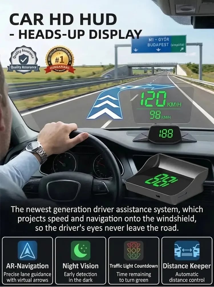 🚗Head-Up Display Car GPS Digital Speedometer – Traffic Light Countdown & Red Light Camera Alert HUD, Universal Driver Safety Warning Device to Avoid Tickets for City Driving