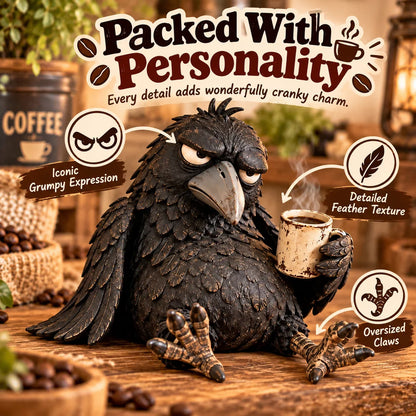 🖤 Rustic Vintage Raven Figurine with Coffee Mug – Grumpy Crow Farmhouse Tabletop Decor