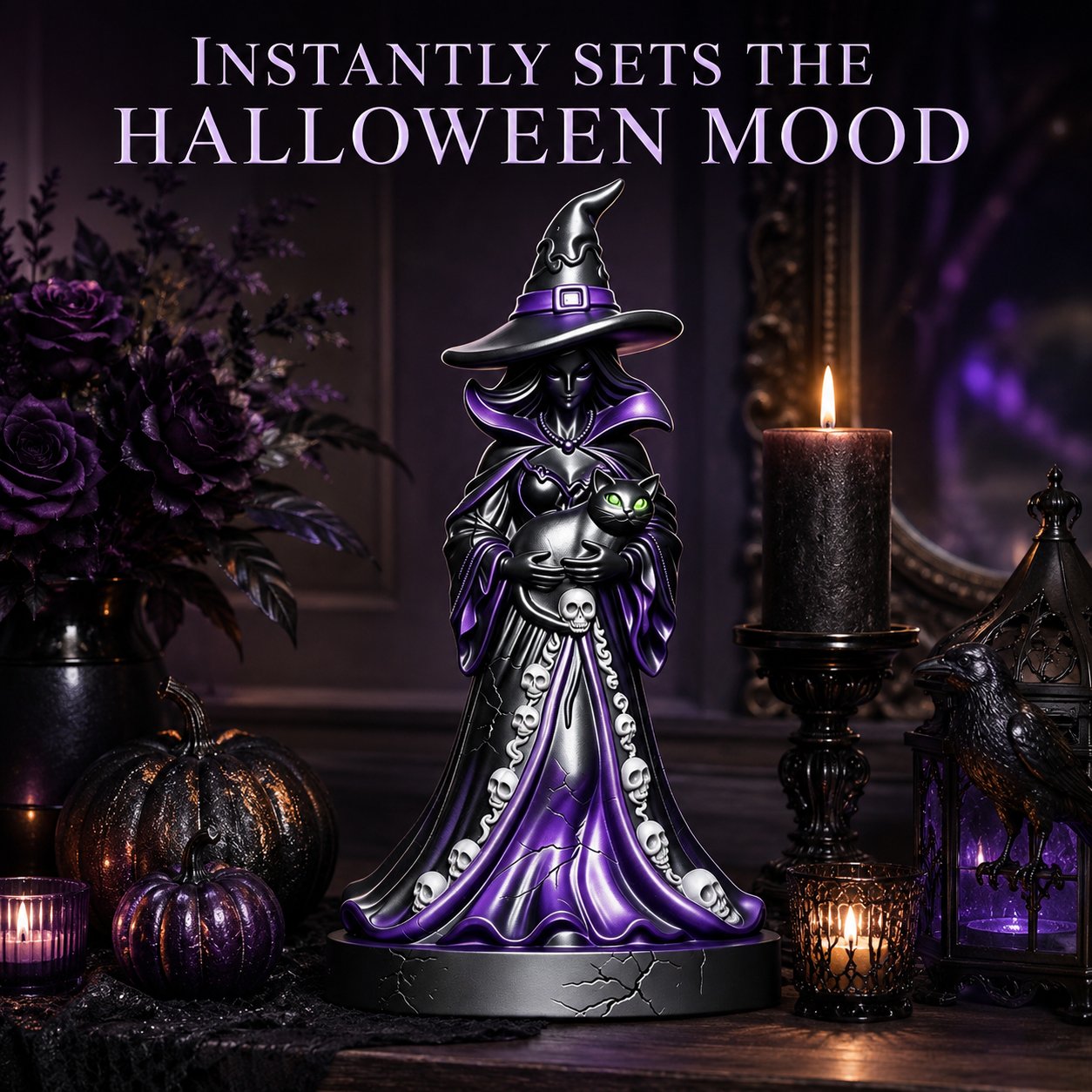 🔥HOT SALES 50% OFF - 🧙‍♀️Midnight Witch &amp; Black Cat Resin Figurine | Gothic Halloween Tabletop Decor &amp; Unique Spooky Gift 🖤