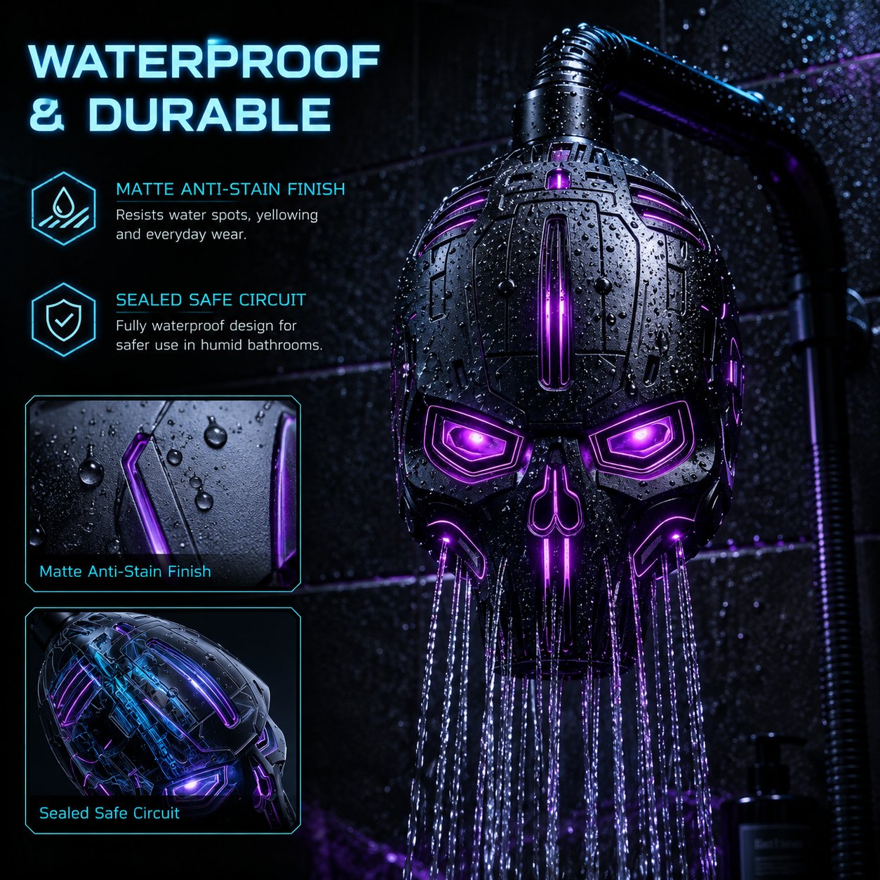 🚿👾Cyber Mecha Skull Color Changing LED Pressure Boost Shower Head