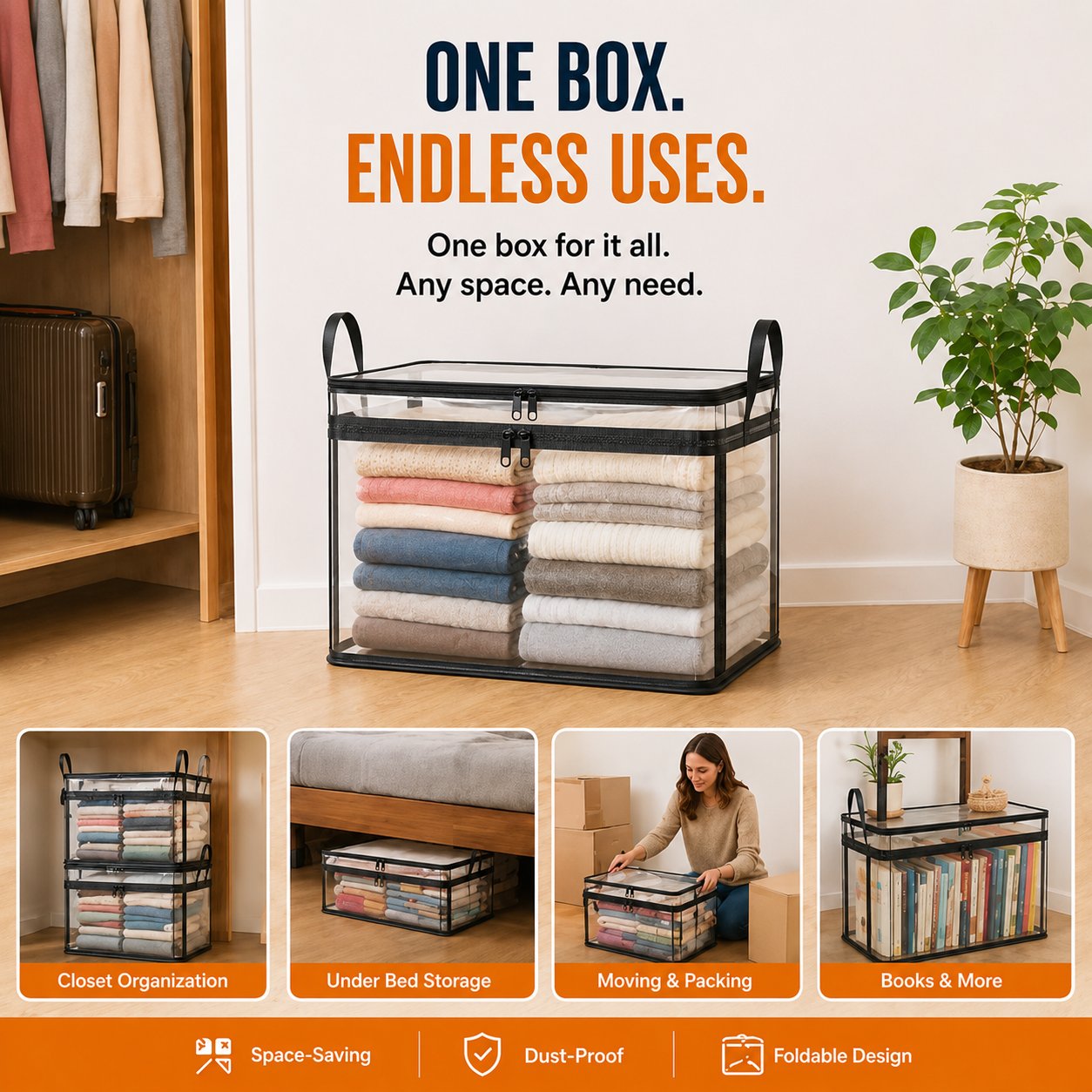 🔥2‑Pack Heavy‑Duty Clear Plastic Storage Box with Hinged Lid