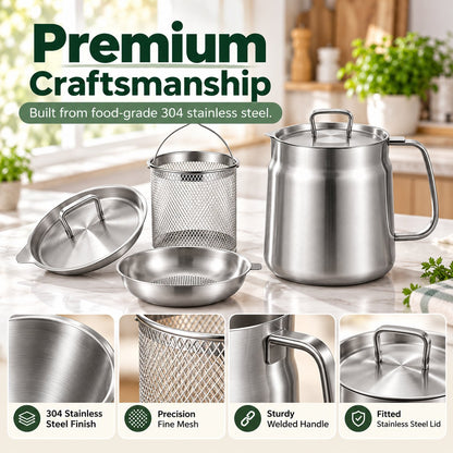 ✨ All-in-One 4-Piece Stainless Steel Deep Fryer & Oil Strainer Pot