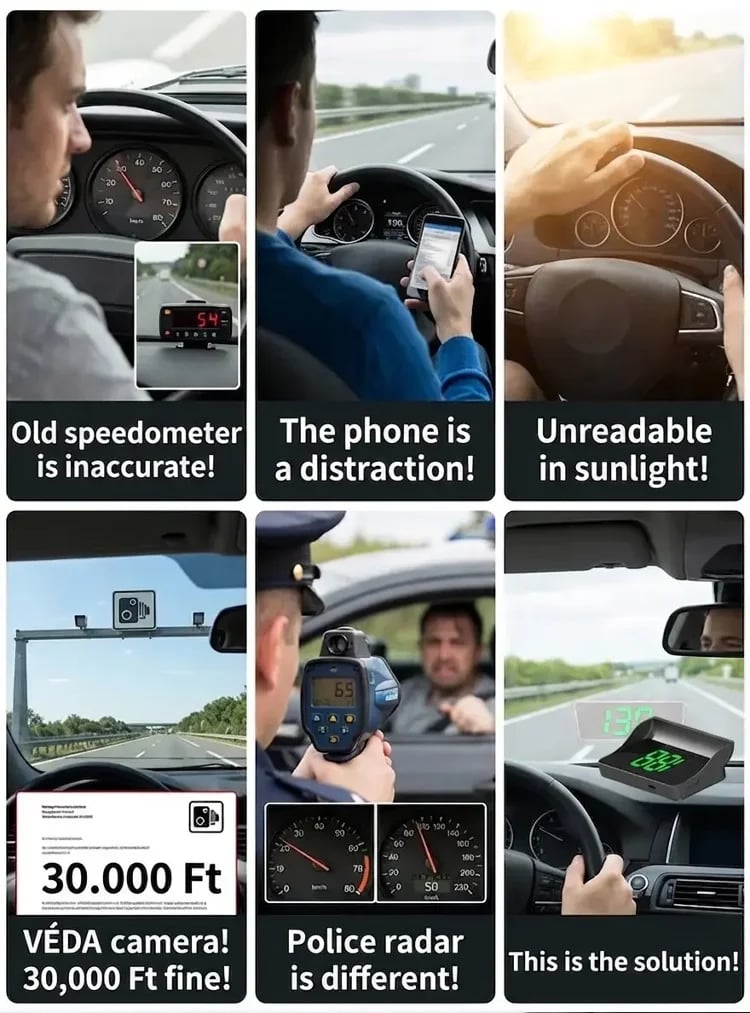 🚗Head-Up Display Car GPS Digital Speedometer – Traffic Light Countdown & Red Light Camera Alert HUD, Universal Driver Safety Warning Device to Avoid Tickets for City Driving