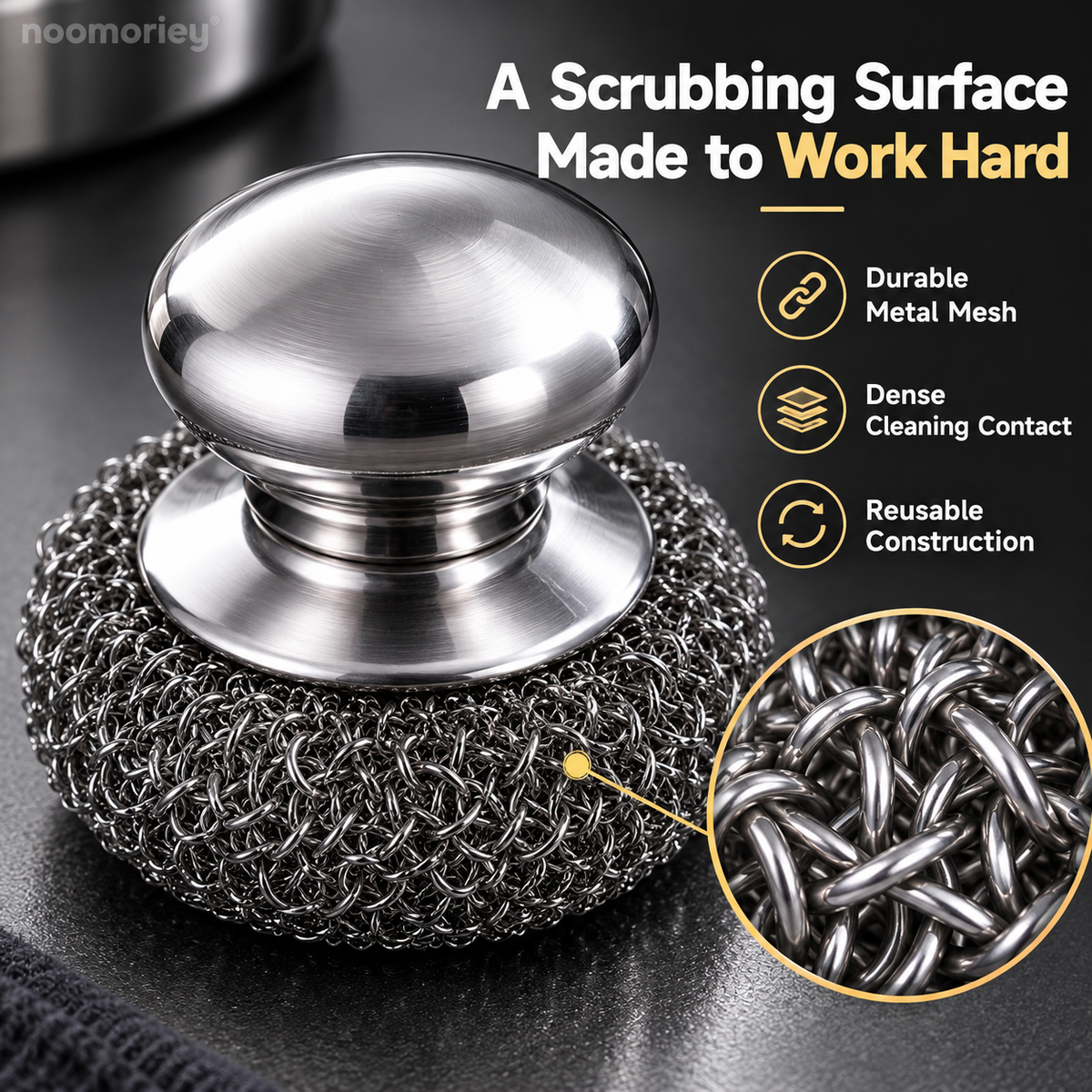 Heavy-Duty Stainless Steel Cast Iron Cleaner with Comfort Grip Knob – Rust-Resistant Wire Scrubber for Stubborn Grease & Pots