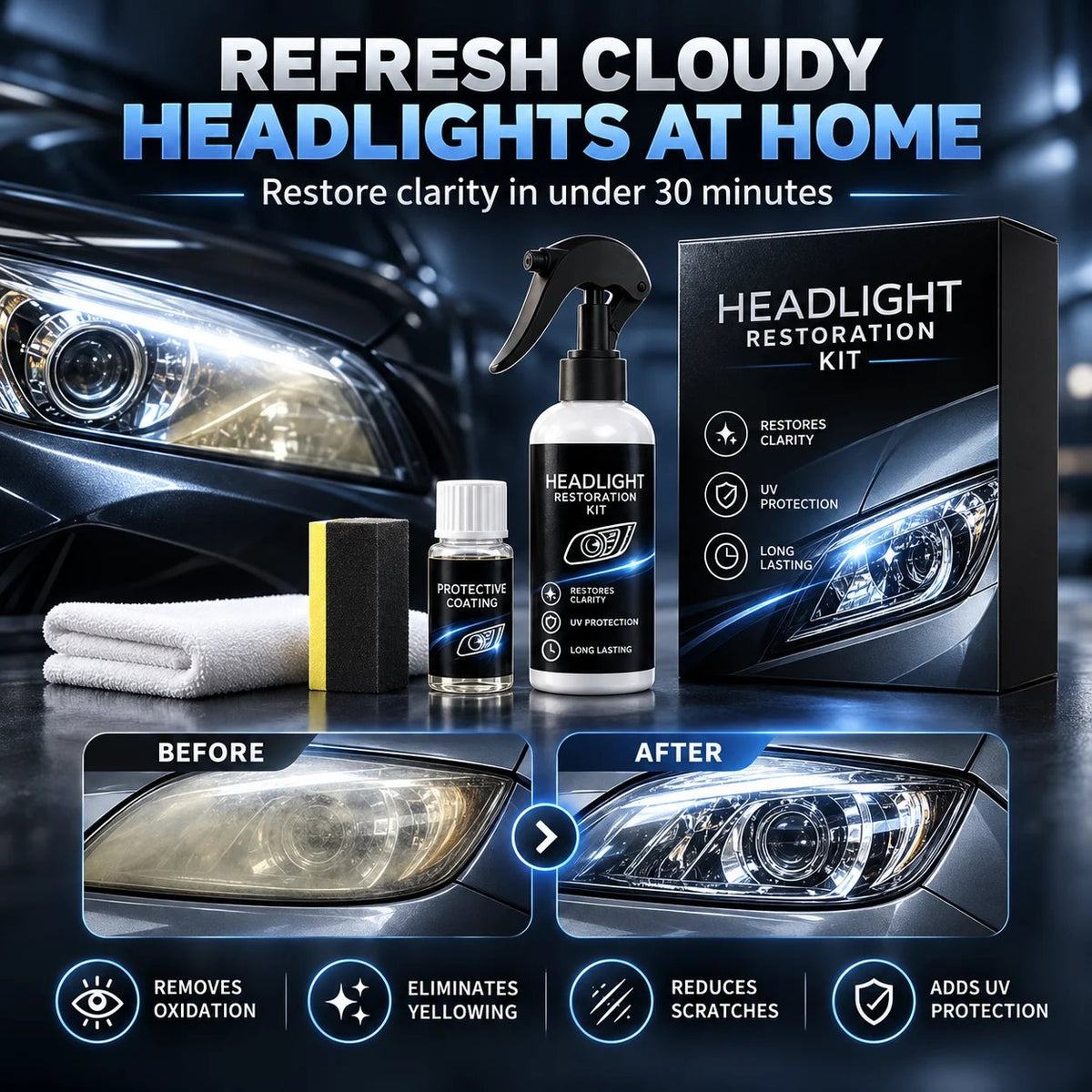 🚗 Automotive Headlamp Restoration Fluid, Clears Oxidation, Yellowing & UV Protection